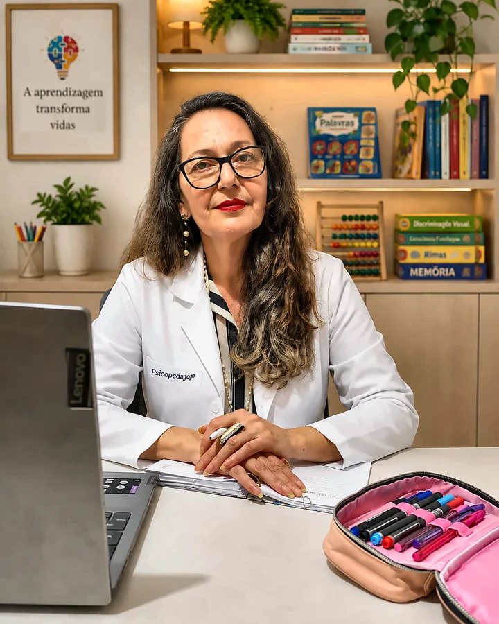 Ana Serafim, psicopedagoga, de jaleco no consultório com jogos pedagógicos ao fundo