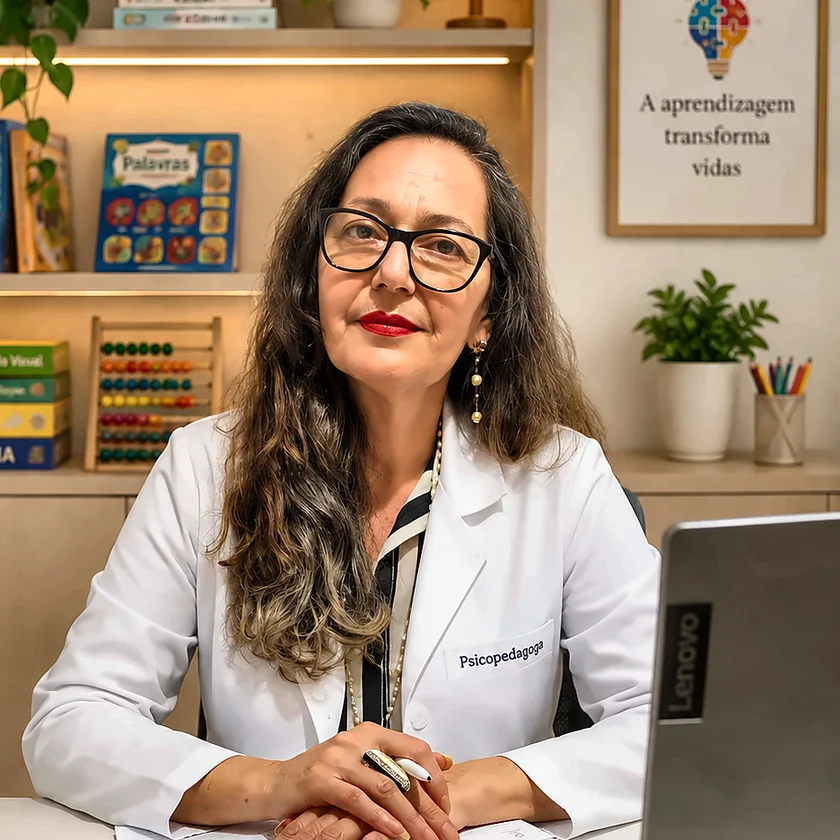 Ana Serafim, psicopedagoga, de jaleco no consultório